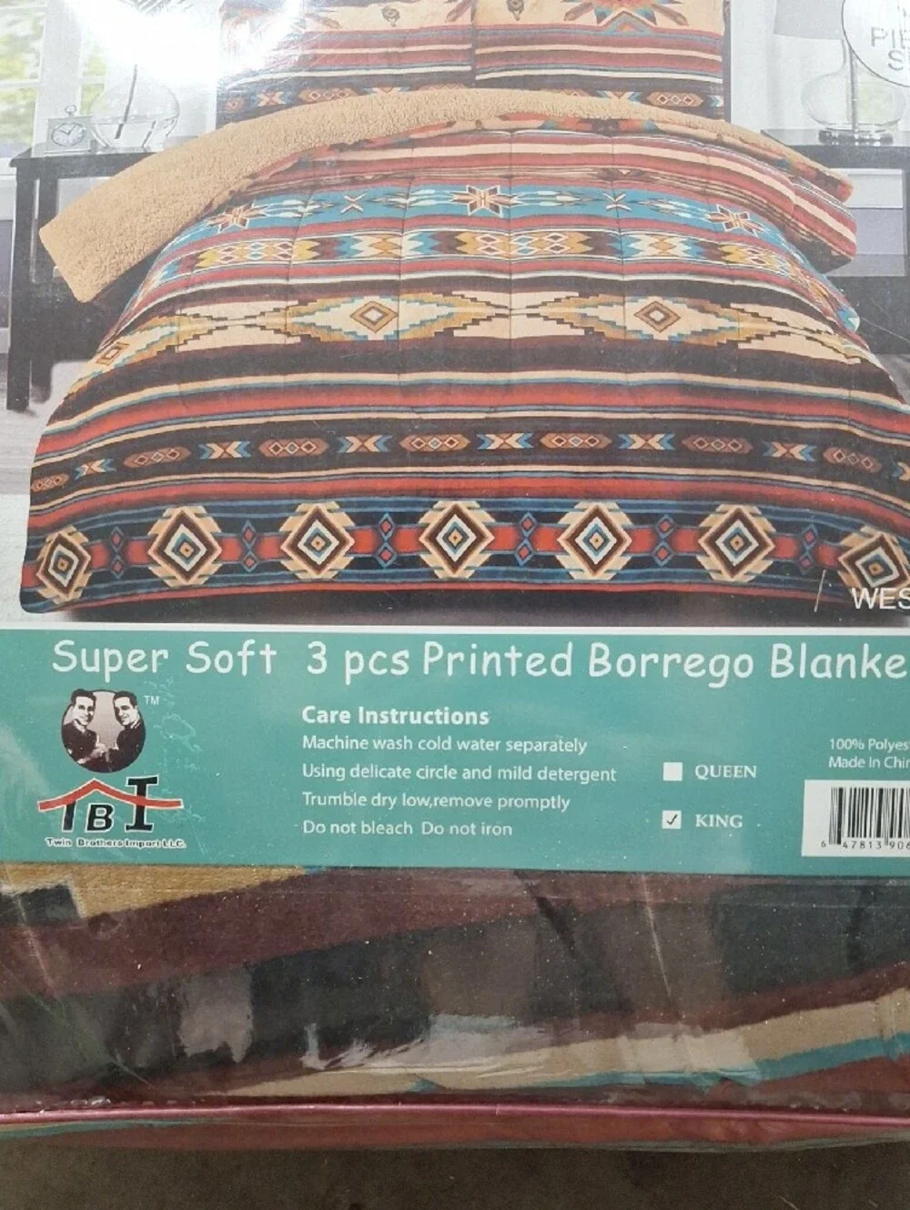 Super Soft Borrego Blanket Set - Southwestern Stripe in Tan & Turquoise